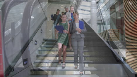 animation of escalator over business people talking in modern office