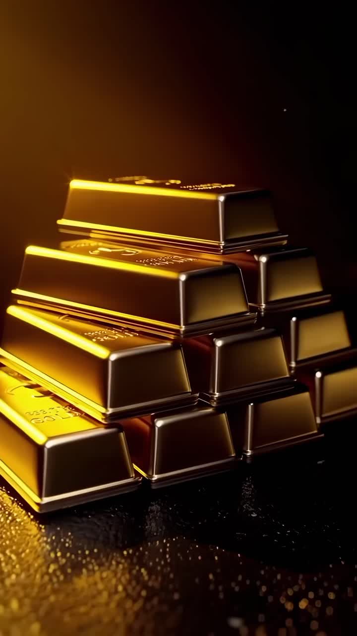 Ripresa dal basso di lingotti d'oro impilati, che brillano sotto una luce calda, ideale per un video a tema lusso