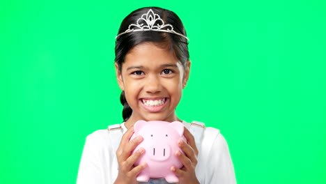 Girl,-piggy-bank-and-face-with-smile-in-studio-by