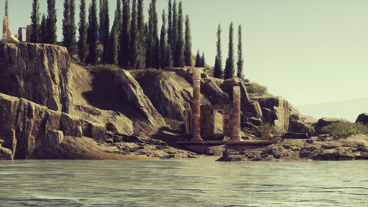 Antiche rovine accanto ad acque calme con cipressi sullo sfondo