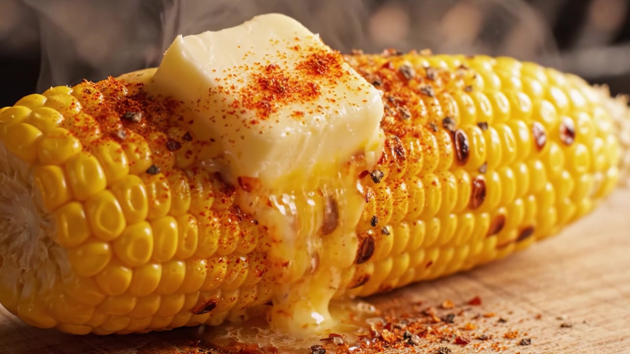Épi de maïs délicieusement grillé, garni de beurre et d'épices, présentant un plat d'été savoureux avec des grains parfaitement caramélisés et un assaisonnement plein de saveur.
