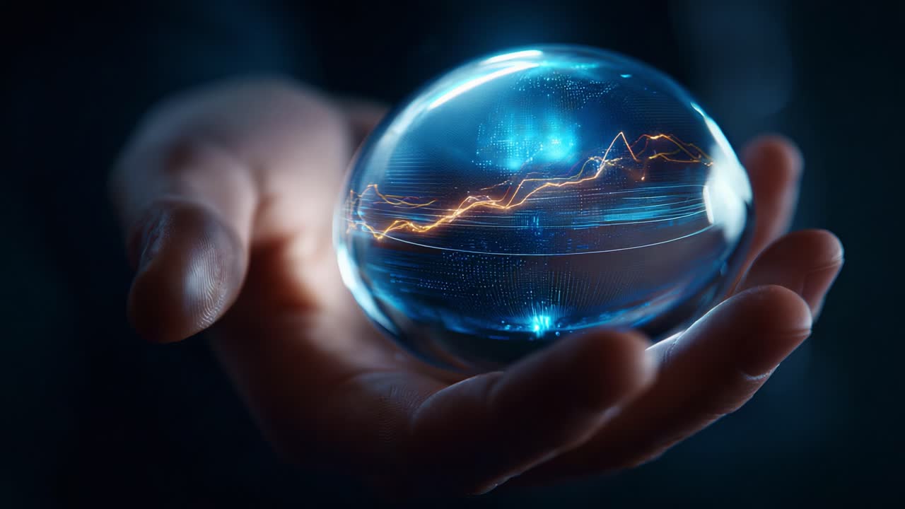 A captivating hand holds a luminous crystal orb, displaying dynamic energy patterns and intricate light flows, symbolizing innovation and the fusion of technology and nature