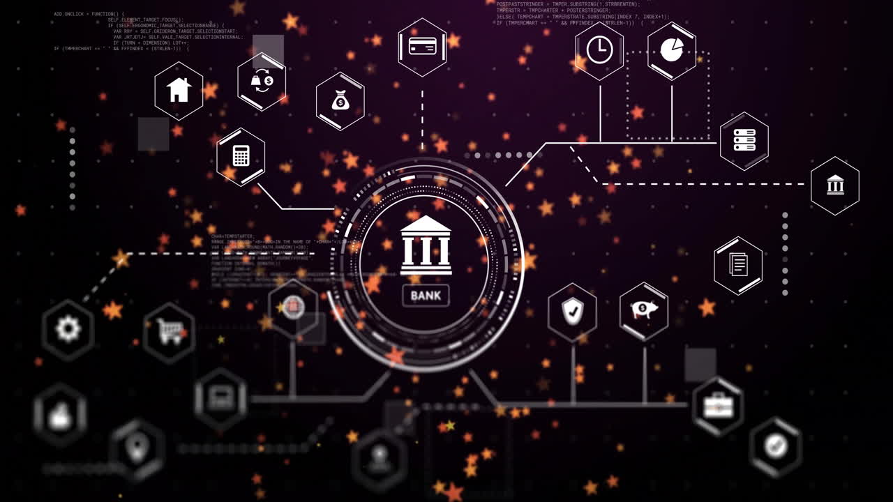 Banking icons and data processing animation over digital network background