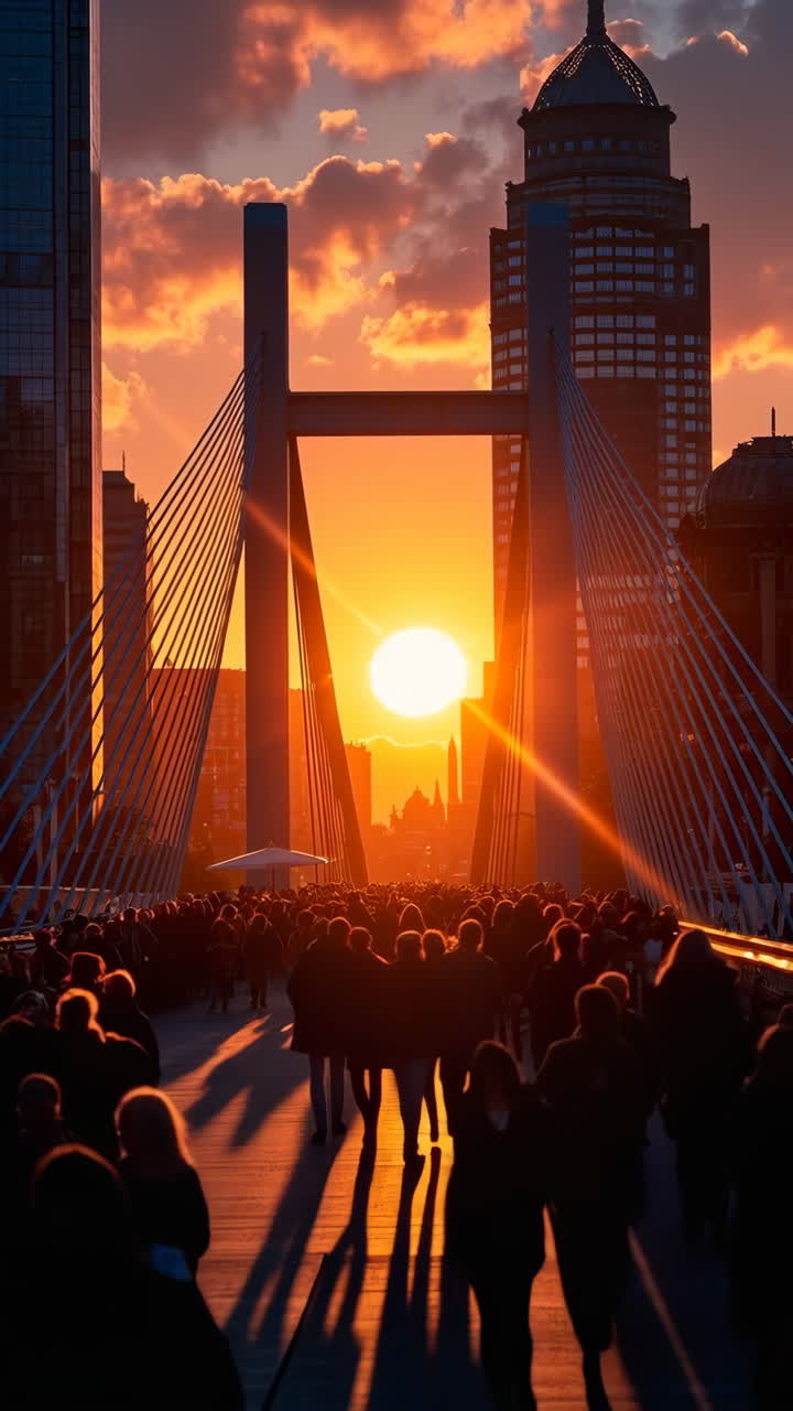 Crowd Walking on a City Bridge at Sunset