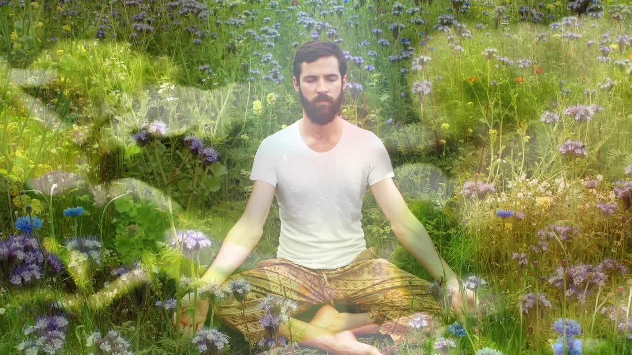 animación de flores sobre un hombre caucásico practicando yoga y meditando