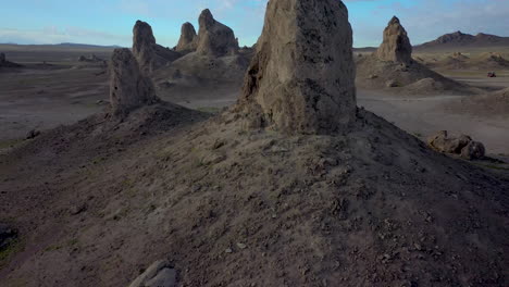 drone descending over spires at trona pinnacles park in california