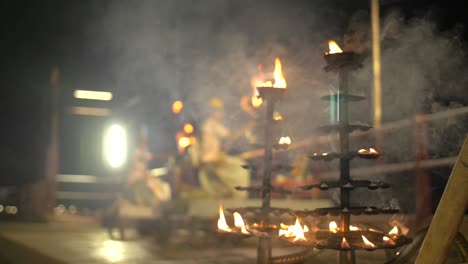 Low-Level-Shot-of-Men-Performing-Ganga-Aarti