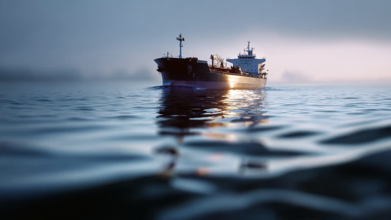 Et majestætisk fragtskib glider gennem rolige vande og reflekterer det blide morgenlys, mens det sejler over den stille overflade og fremviser maritim skønhed og ingeniørkunst.