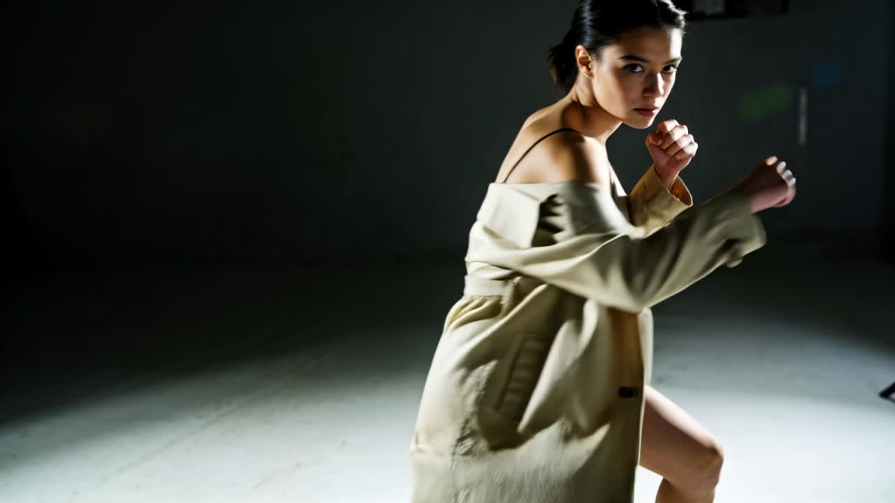 Vertical video: Reacting to spotlight dancer punching and spinning in studio, trench coat, bodysuit
