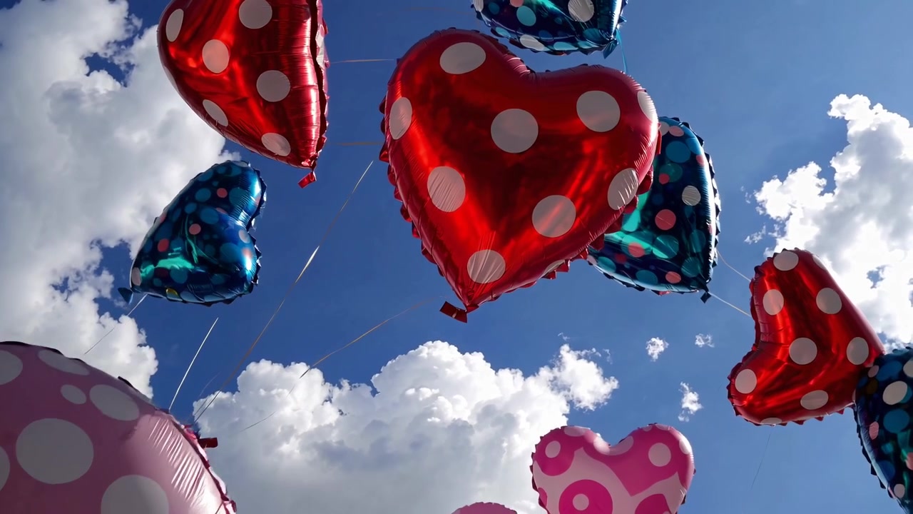 Festlige hjerteformede balloner svæver opad på en blå himmel