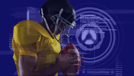 Animation-Eines-Kaukasischen-American-Football-Spielers-über-Die-Verarbeitung-Von-Kreisen-Und-Verschiedenen-Daten-Auf-Blau