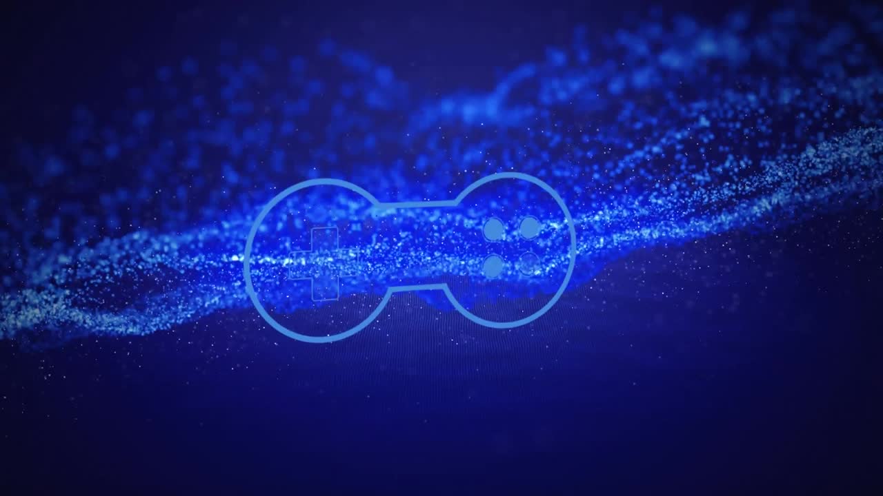 파란색 배경 위에 반이는 빛의 흔적과 컴퓨터 코드 파동 모양의 애니메이션