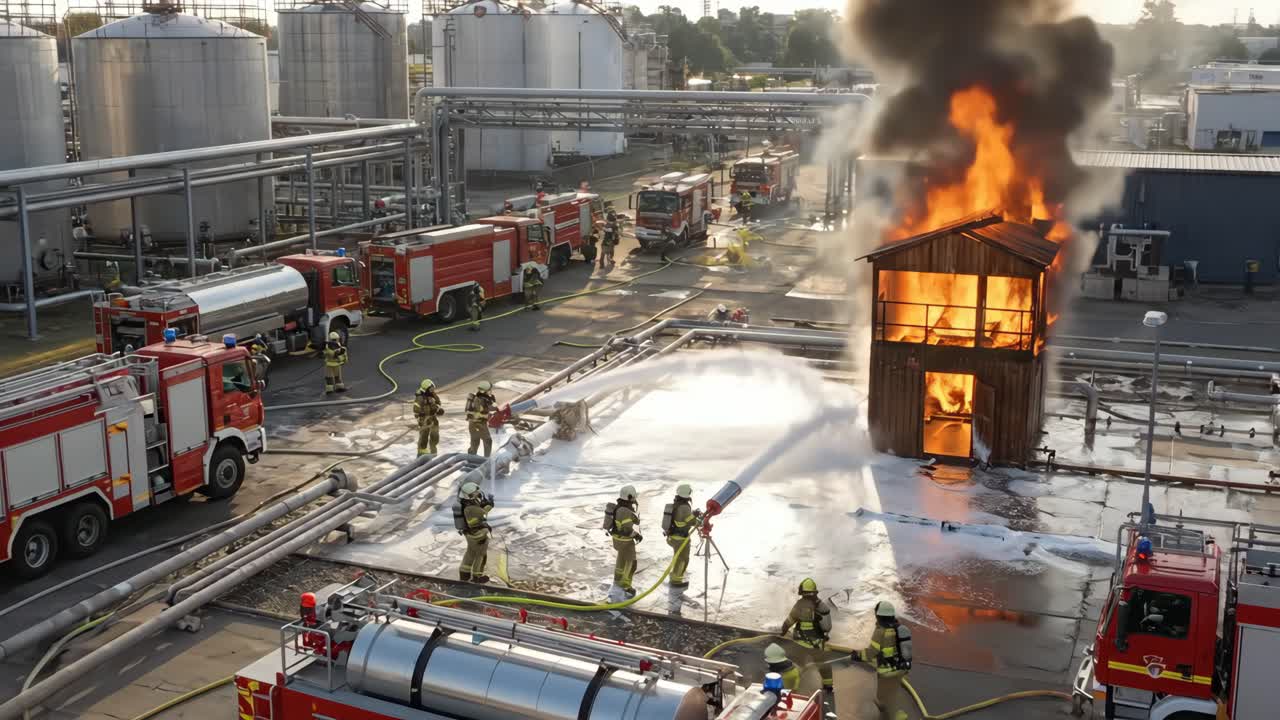 Vigili del fuoco che spengono un edificio in fiamme con la schiuma durante un'esercitazione