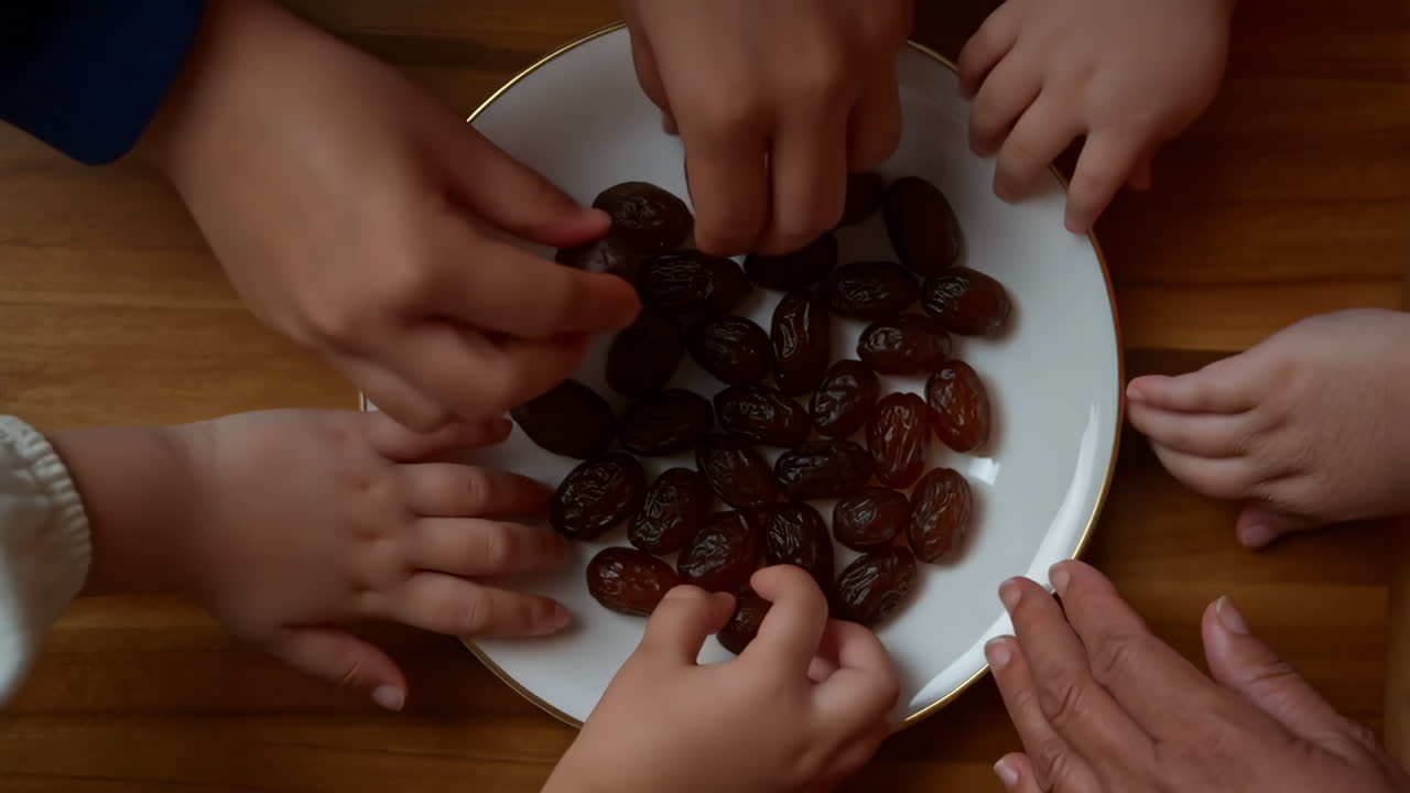 Multiple Hands Reaching for Dates on a Plate