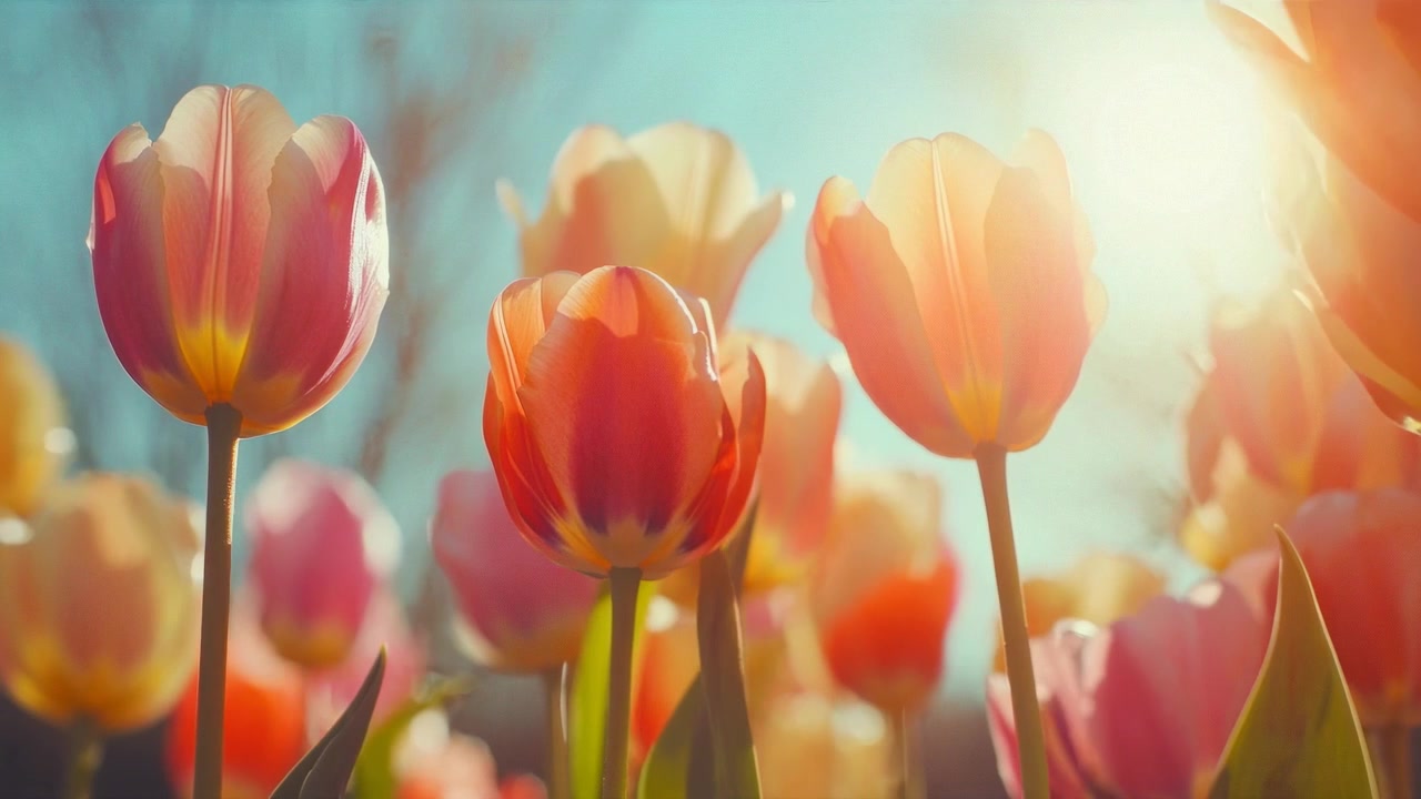 Levendige tulpen bloeien in een zonnige tuin