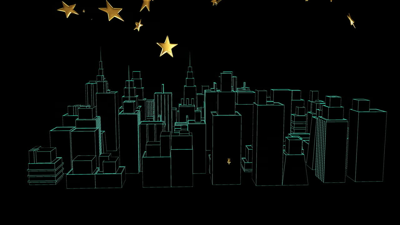 Animazione di stelle luminose in uno skyline di città al neon su sfondo nero
