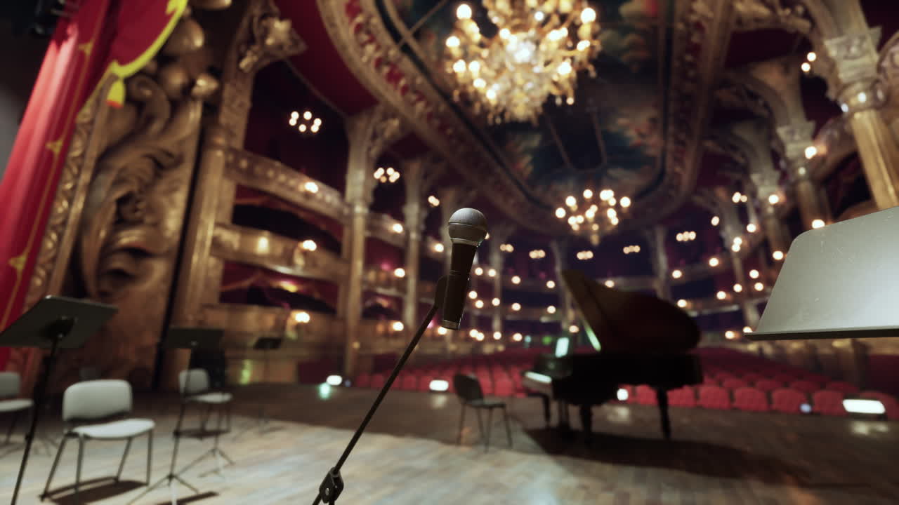 마이크 와 피아노 가 있는  빈 극장 무대
