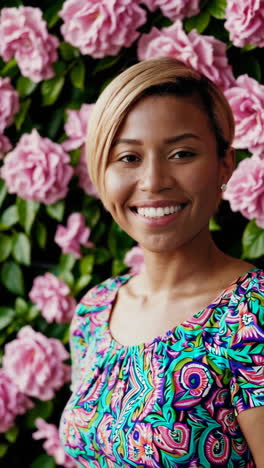woman smiling in front of pink roses