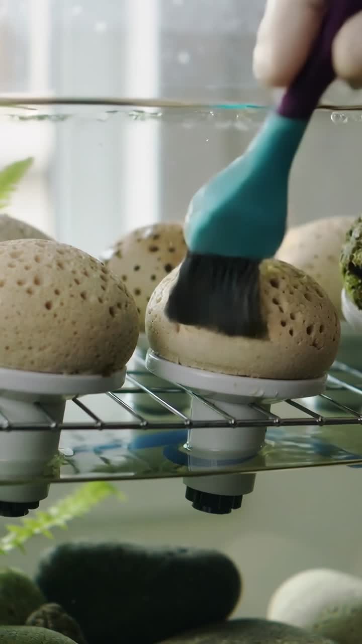 Vertical video: Brush entering right, gloved hand scrubbing filter domes on rack in tank cleaning