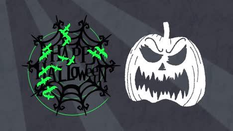 Animation-Eines-Fröhlichen-Halloween-Textes-Im-Schwarzen-Spinnennetz-Mit-Kürbiskopf-Und-Grünen-Fledermäusen,-Auf-Grau