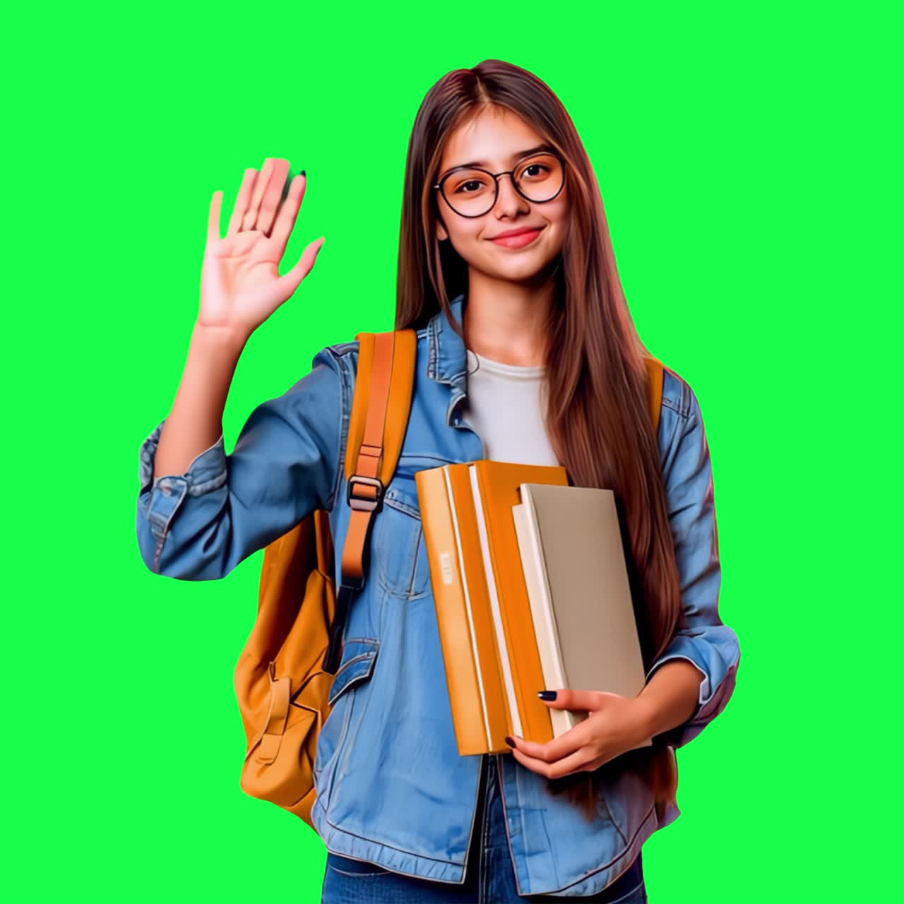 Student waving with books animation, transparent 4K video, green screen