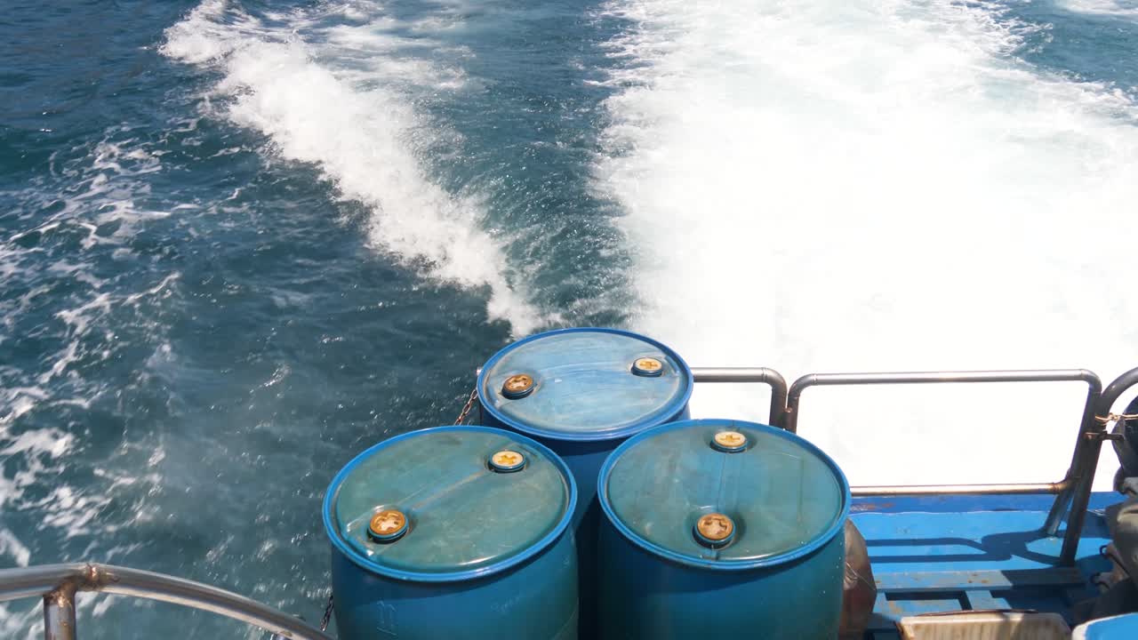 Spare Diesel Fuel Barrels At The Back Of A Sailing Fishing Boat. High Angle Shot