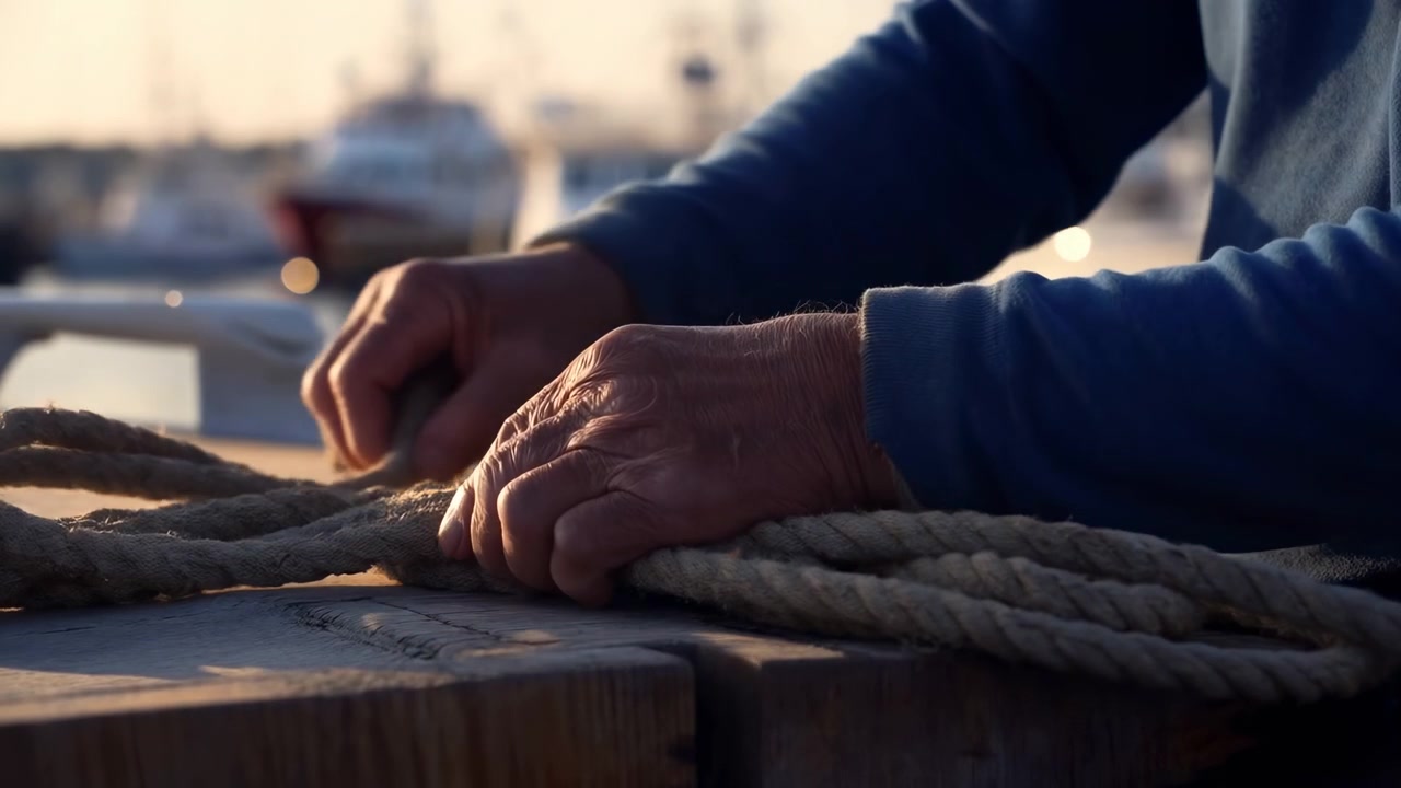 Sequenza d'azione cronologica che mostra mani e avambracci maturi di un operaio portuale o pescatore che avvolgono, sistemano, levigano e infine fissano progressivamente.