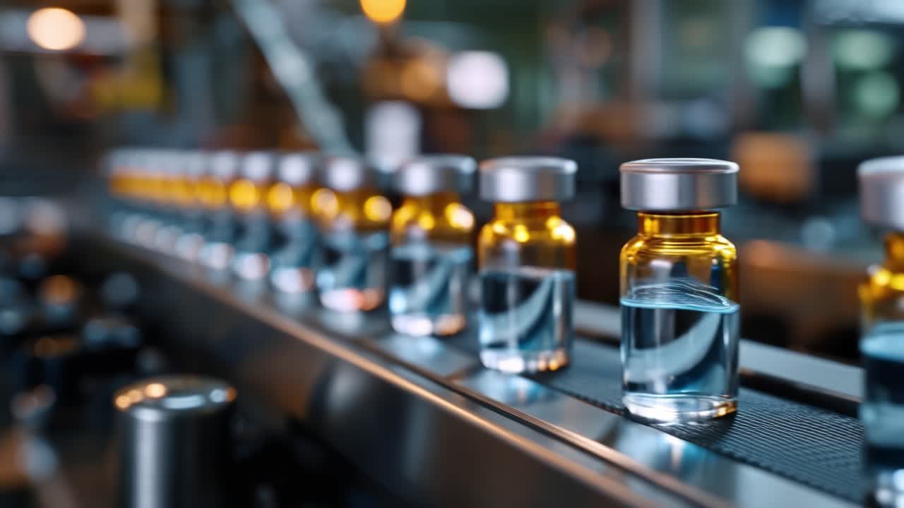 Fiale di liquido farmaceutico in lavorazione su una linea di produzione, che mostrano tecniche di produzione avanzate in un moderno laboratorio o ambiente industriale