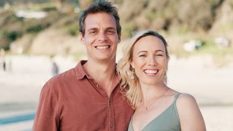 face, couple and smile on beach for vacation