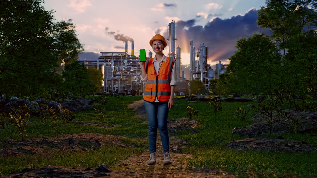 Full Body Of Asian Female Engineer With Safety Helmet Smiling And Showing Green Screen Smartphone To The Camera In Front Of Oil Refinery