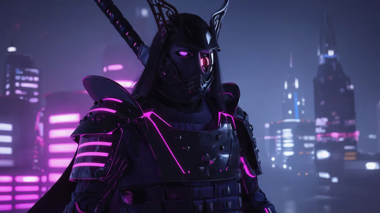 Cyberpunk Samurai in Neon Cityscape