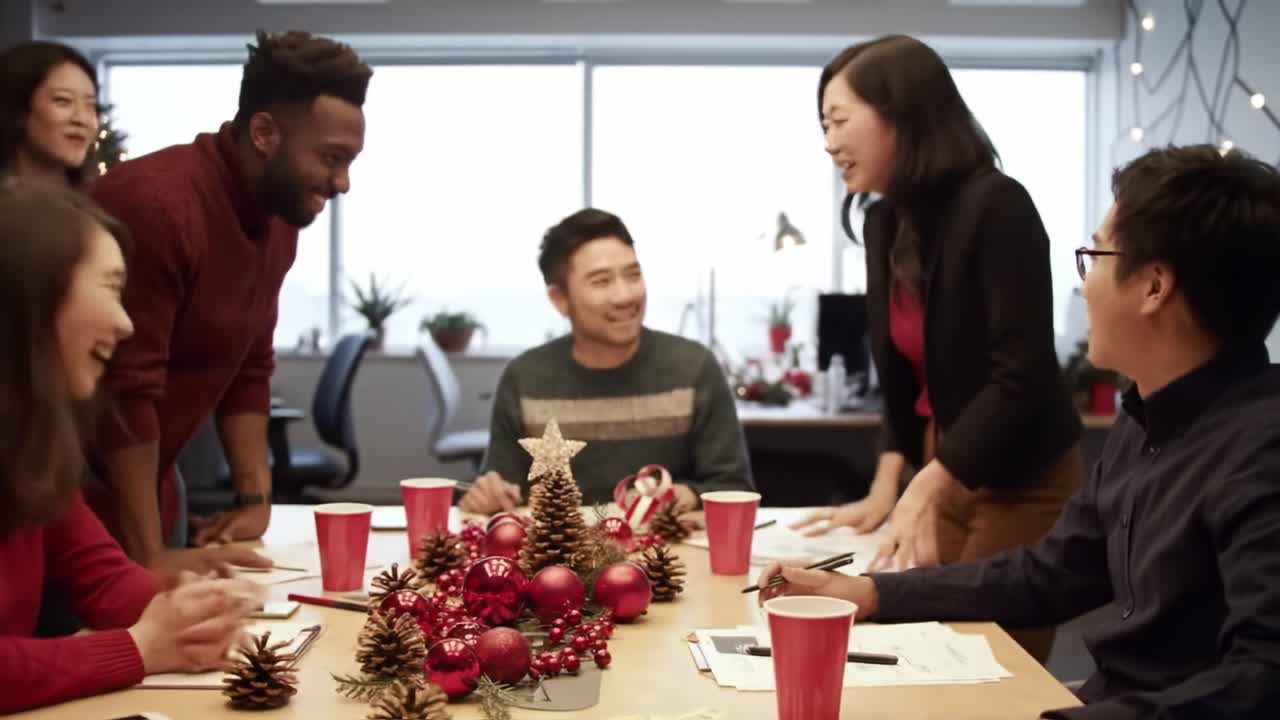 A Festive Team Gathering: Celebrating Togetherness and Collaboration During a Holiday Planning Session with Cheerful Conversations and Decorations