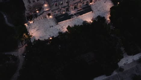 Aerial-Top-View-Of-Ancient-Theatre-Of-Herodes-Atticus-Near-Acropolis-Hill,-Athens-Historic-Center,-Attica,-Greece---aerial-drone-shot