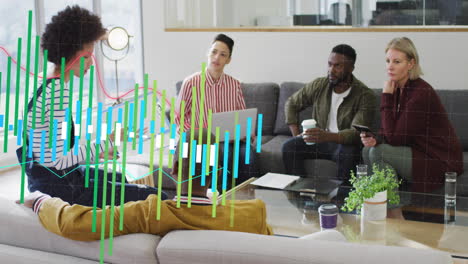 animation of multicolored graph over diverse coworkers sharing ideas in office