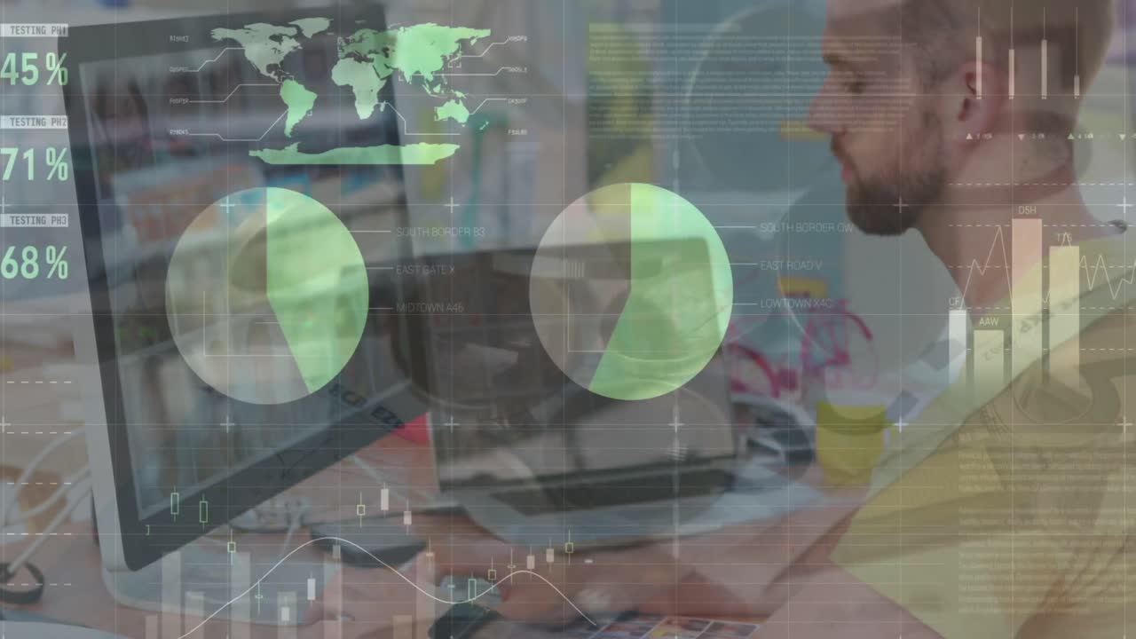 animación del procesamiento de datos sobre el hombre de negocios caucásico en la oficina