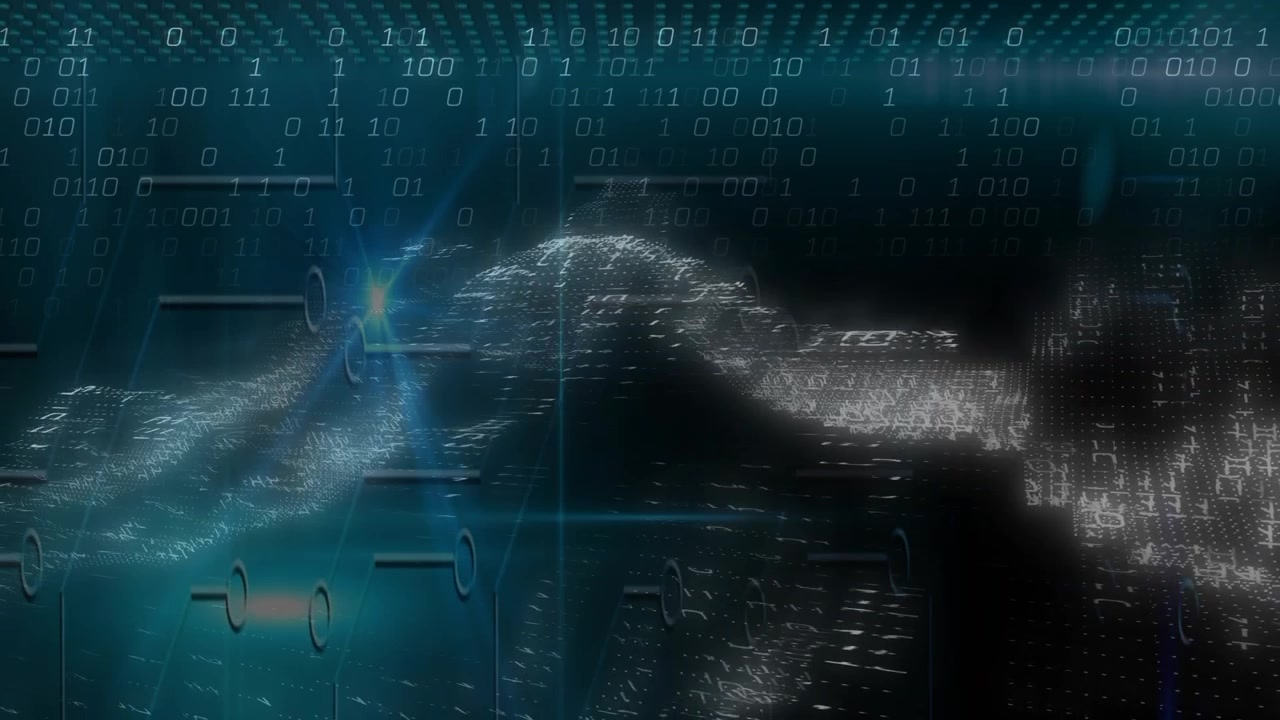 Onda di dati che si origina da un bagliore a sinistra e viaggia verso destra, mostrando il flusso tecnologico con una sovrapposizione binaria
