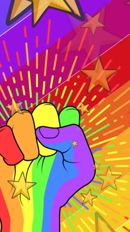 animation of falling stars and fist over rainbow