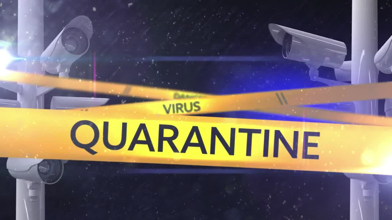 palabras cuarentena, peligro y virus escritas en cintas con cámaras de grabación