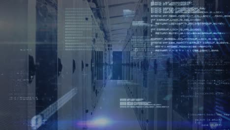 animación de puntos de luz y procesamiento de datos contra la sala de servidores de computadoras