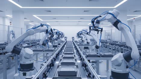 automated manufacturing line featuring advanced robotic arms in a modern production facility, streamlining processes and enhancing efficiency in industrial automation