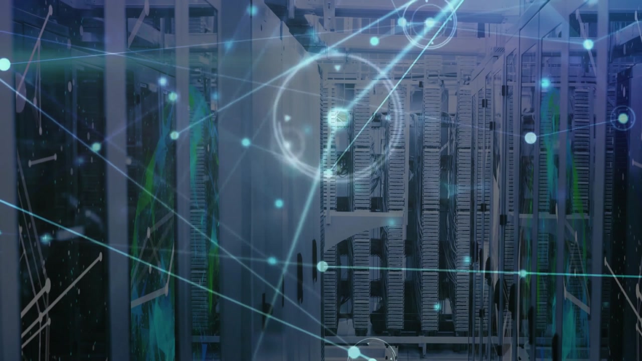 Startup showing overlay fading over racks, nodes pulsing, beams sweeping visualizing network flow
