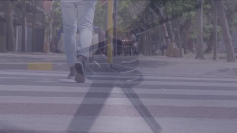 composite video of close up of a ticking clock against rear view of a man crossing the street