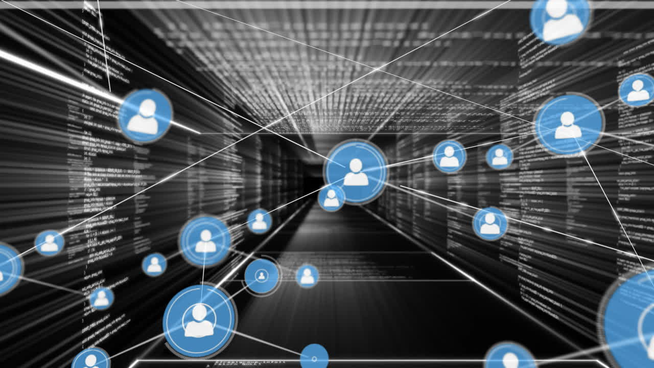 In futuristic corridor, animation of connected user icons over digital data stream