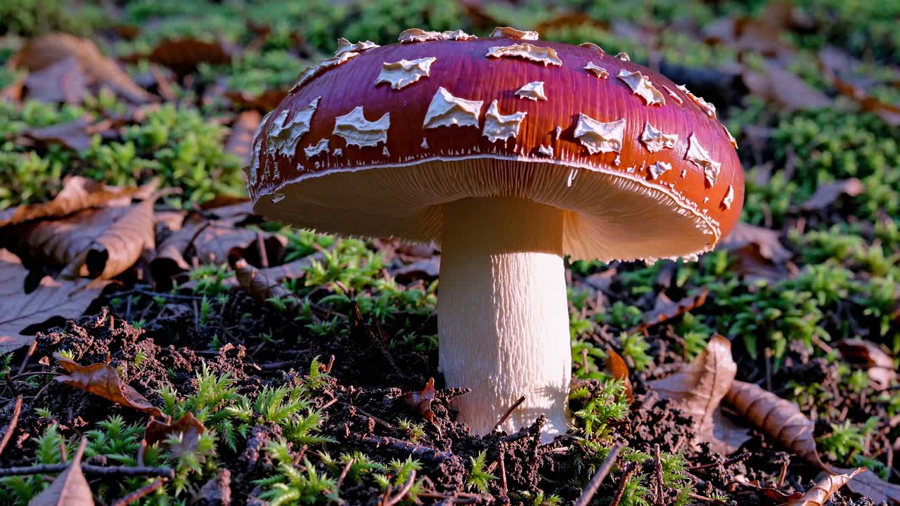 Close-up, low-angle shot of a mushroom in a forest setting, capturing its texture and earthy