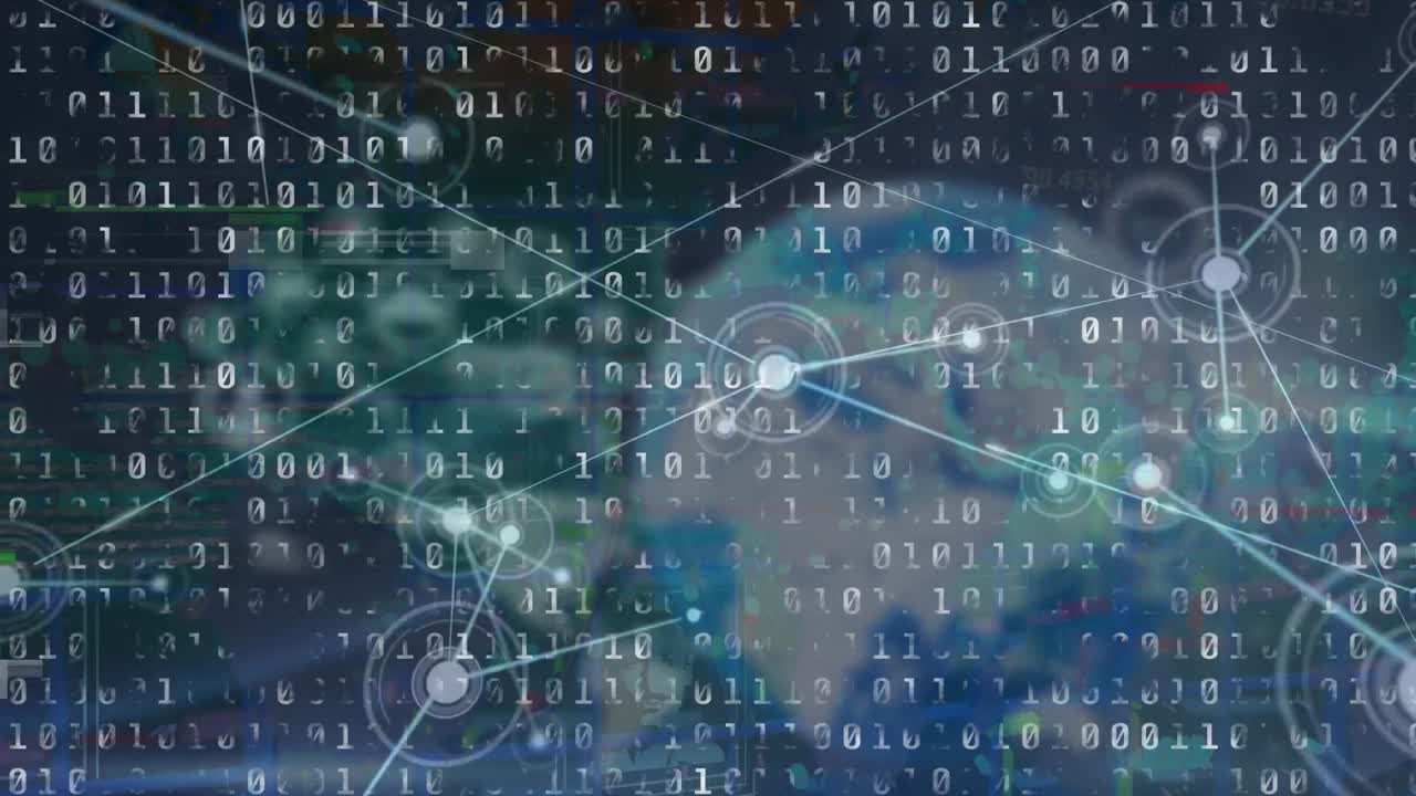Animation of connections, globe and binary code on navy space
