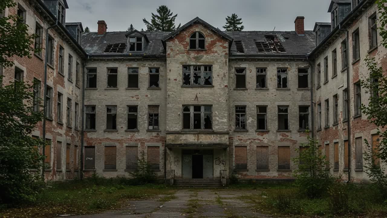 Abandoned Building Facade: A Haunting View of Nature Reclaiming the Structure with Broken Windows and Overgrown Grounds