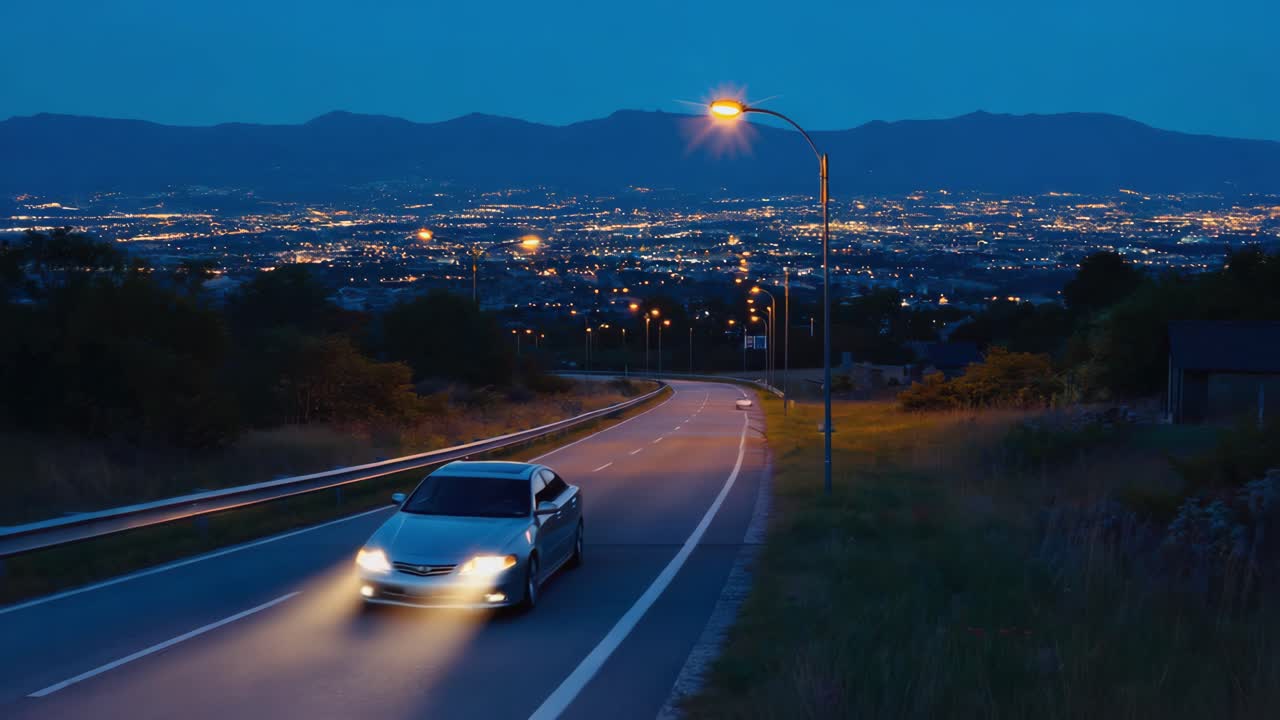 Car driving on a winding road at night with a city panorama in the background