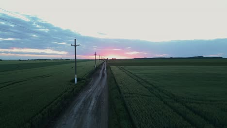 unpaved road with electrical poles through fields at sunset. aerial drone shot
