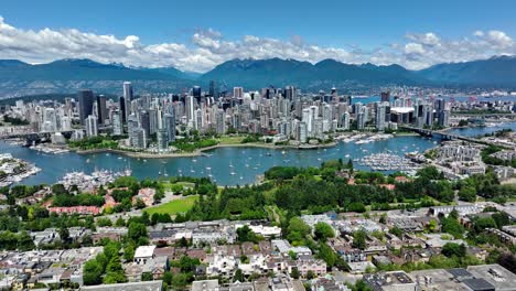 waterfront buildings of yaletown and downtown vancouver skyline with false creek in the foreground in canada