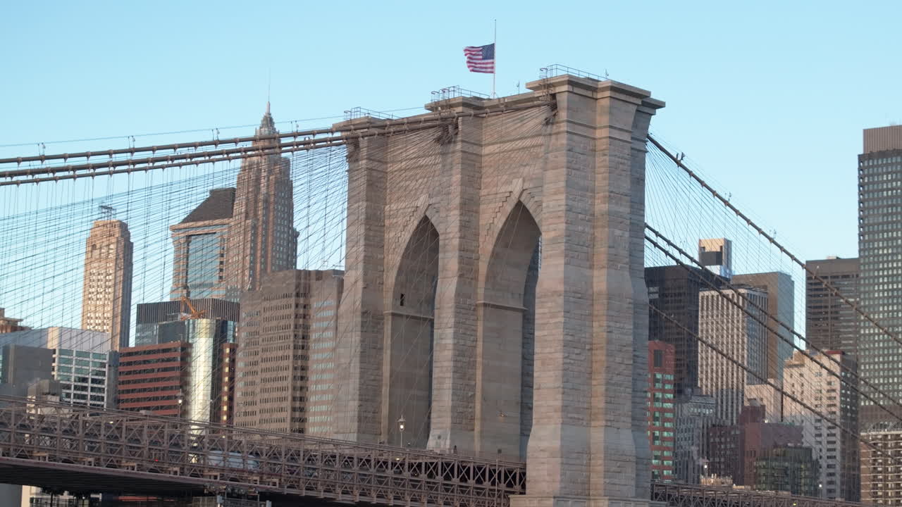 Aerial view of the Brooklyn Bridge on a winter morning. Shot in New York City